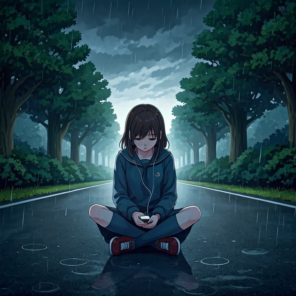 Melancholic Anime Girl on Rainy Road