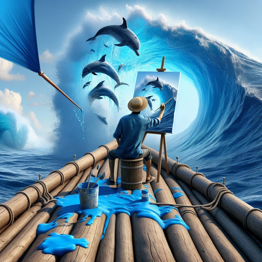 Sailor Painting Dolphins on a Floating Raft