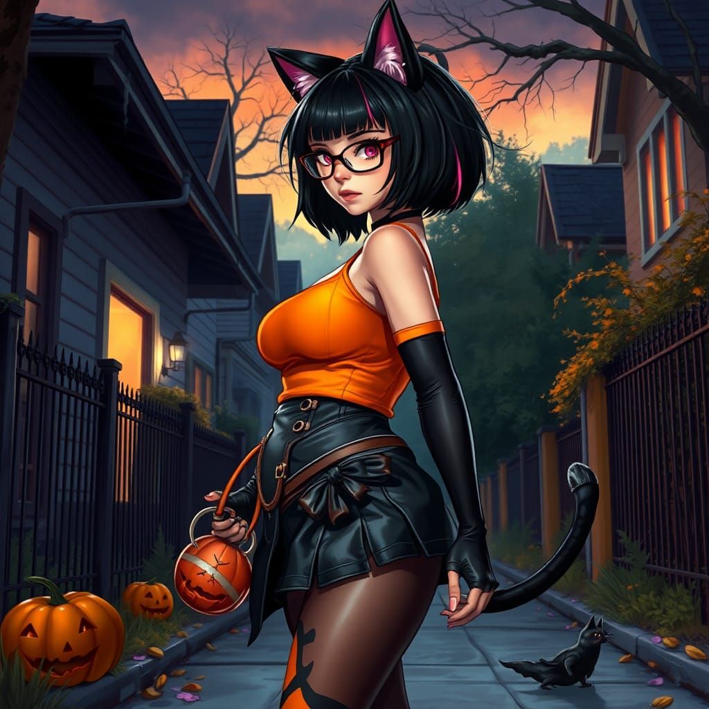 Curvy Goth Girl with Cat Ears in Neighborhood