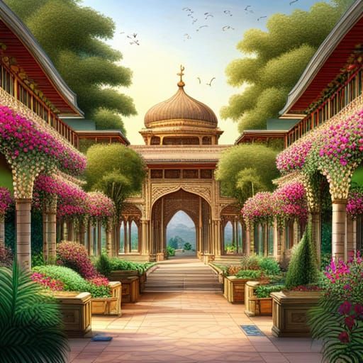 Ornate Indian Garden with Peacock