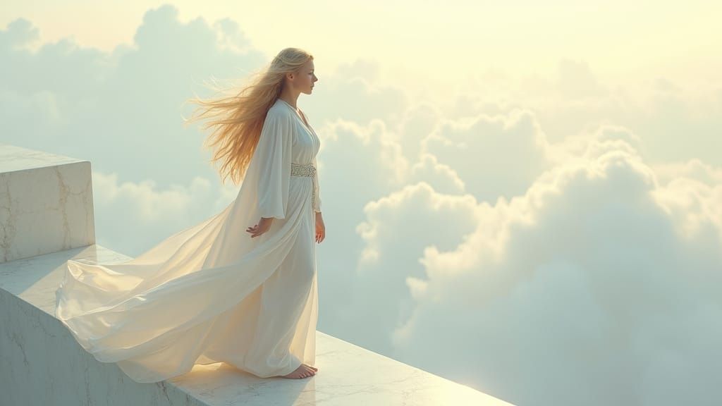 Ethereal Goddess Leaping into Clouds in Soft Light
