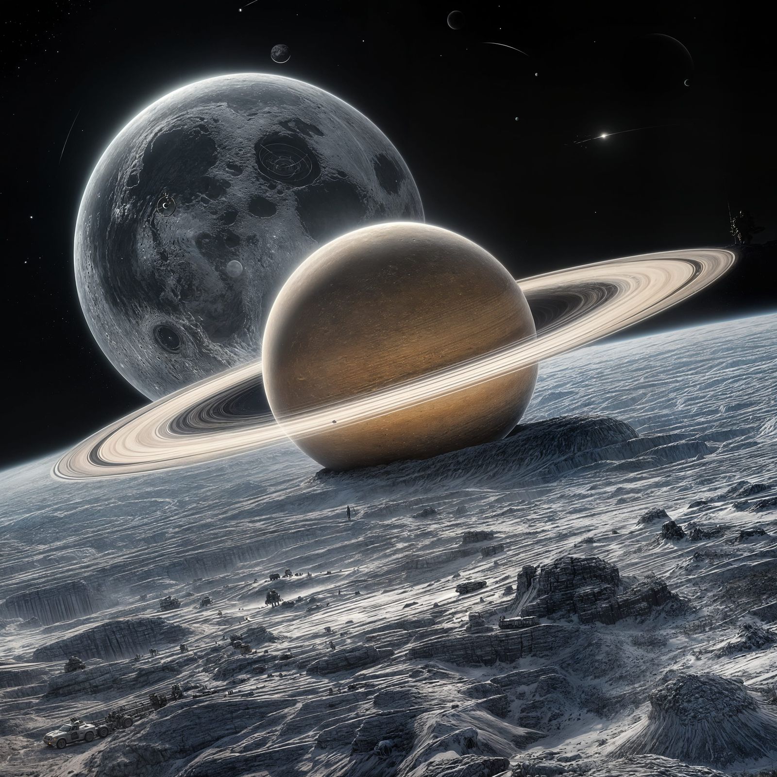 Revised prompt by prompt magic and taken into Bing. "A majestic Saturn, its stunning ring system glowing with a soft, et...