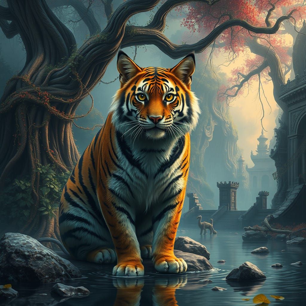 Majestic Tiger Cat in Vibrant Fantasy Environment
