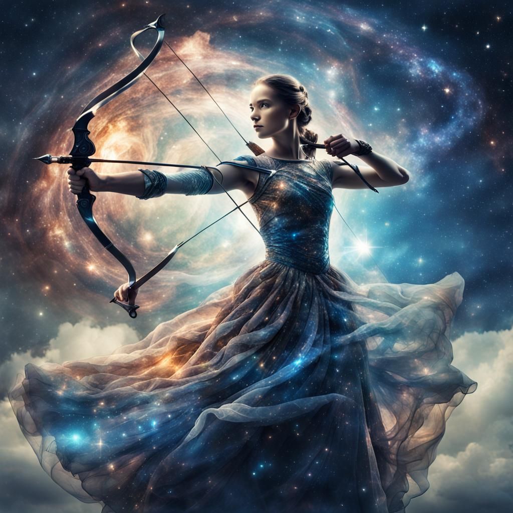Galactic Archer in Billowing Dress, Hyperrealistic HDR