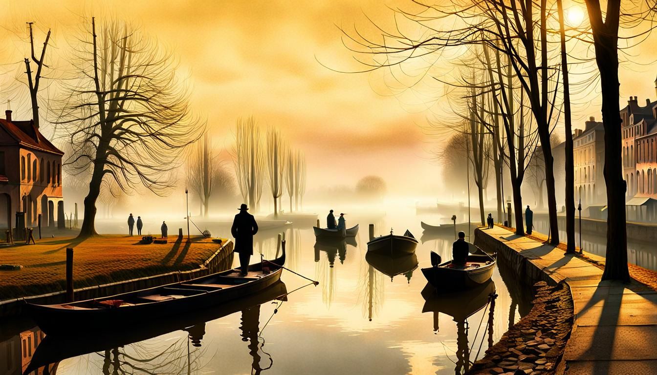 Foggy Canal Walk with Dog in Photorealistic Style