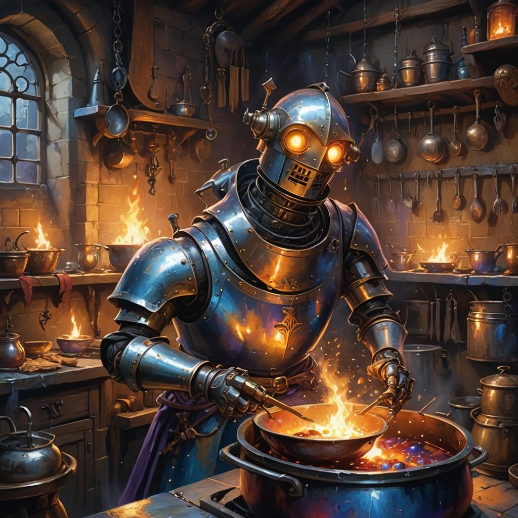 Happy One-Eyed Bot Cleans Medieval Kitchen