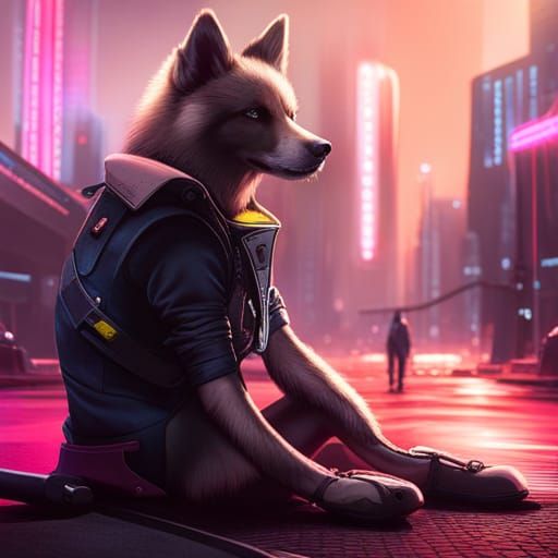 Cyberpunk Dog Portrait in Neon Dystopia