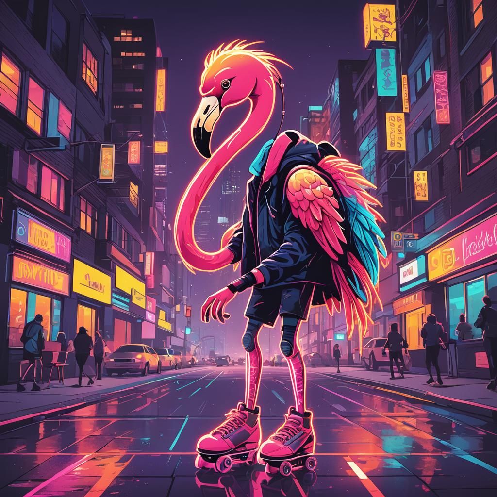 Neon Flamingo on Roller Skates: Vector Art