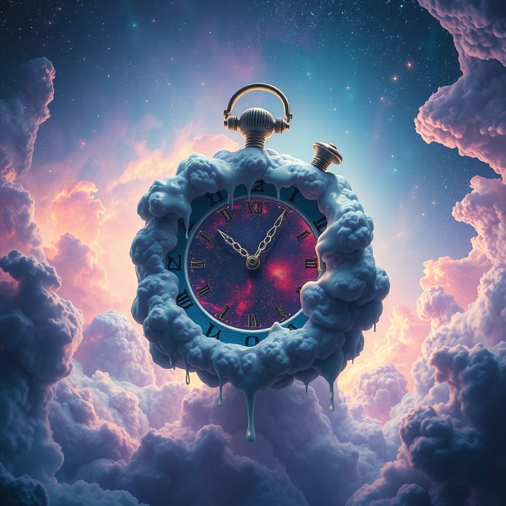 Melting Clock in Cosmic Nebula, Bioluminescent Fantasy