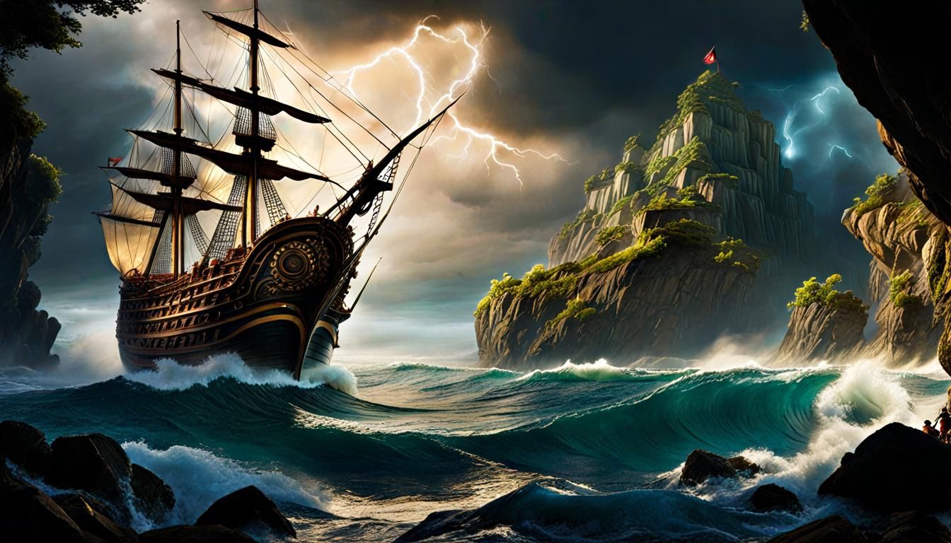 Mythical Pirate Ship Amidst Stormy Seas