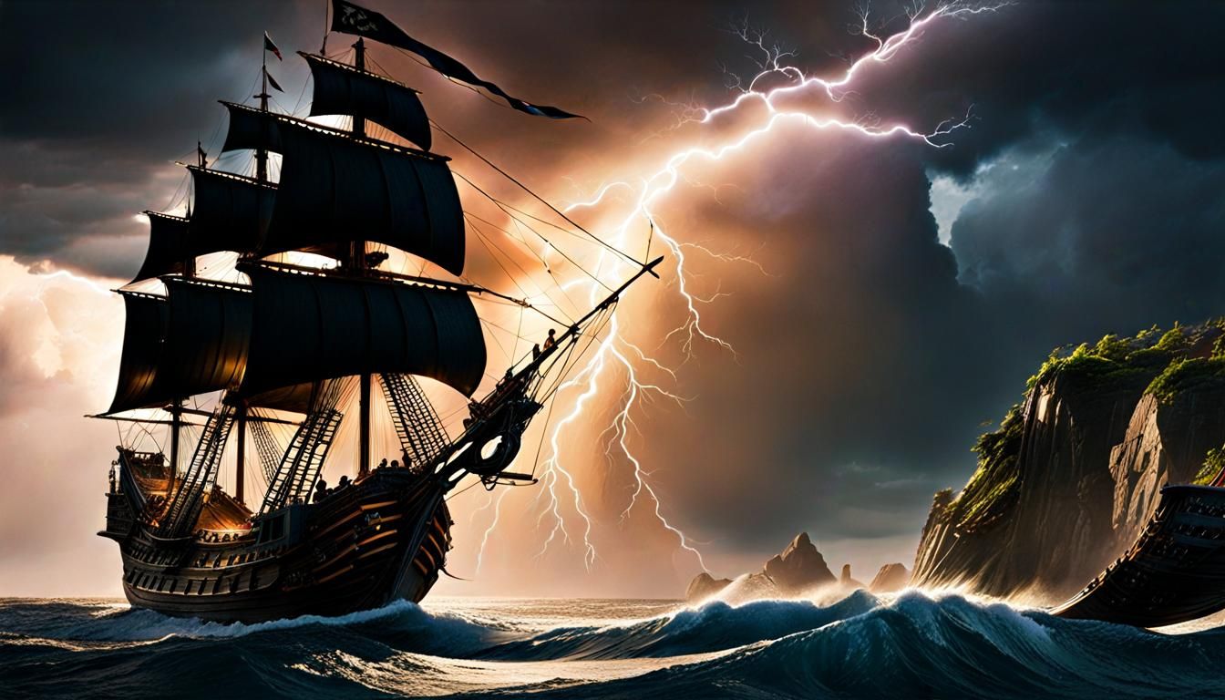 Fantasy Pirate Ship Amidst Thunder and Lightning