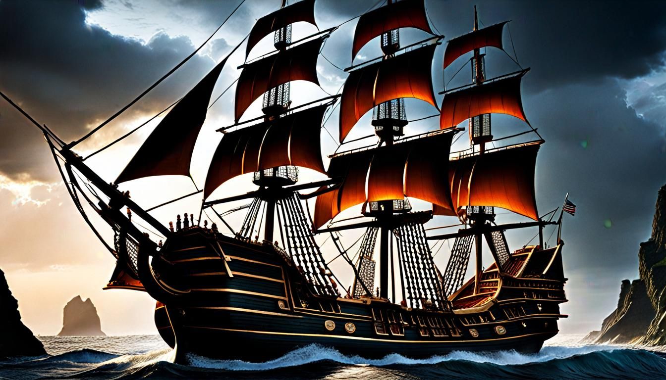 Fantasy Pirate Ship Amidst Thunder and Lightning