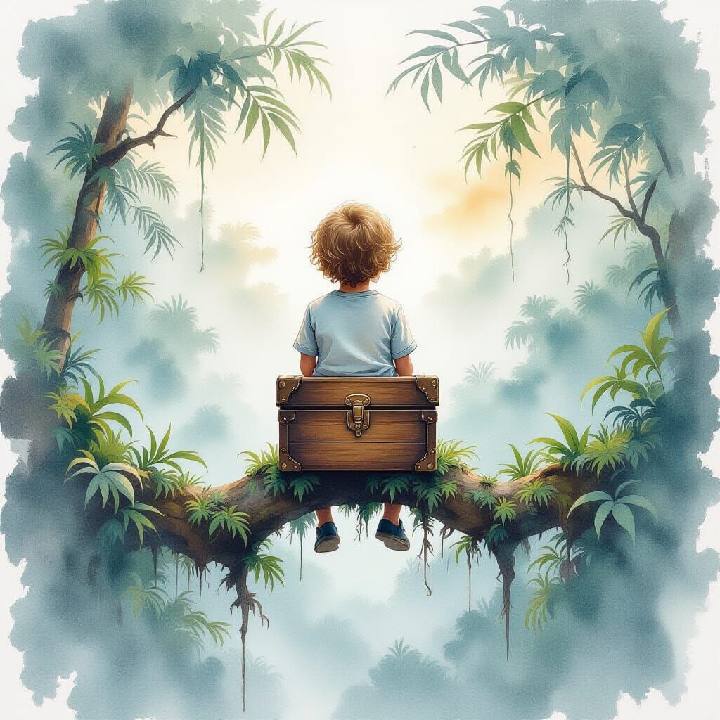 Boy on Jungle Branch in Watercolor Style