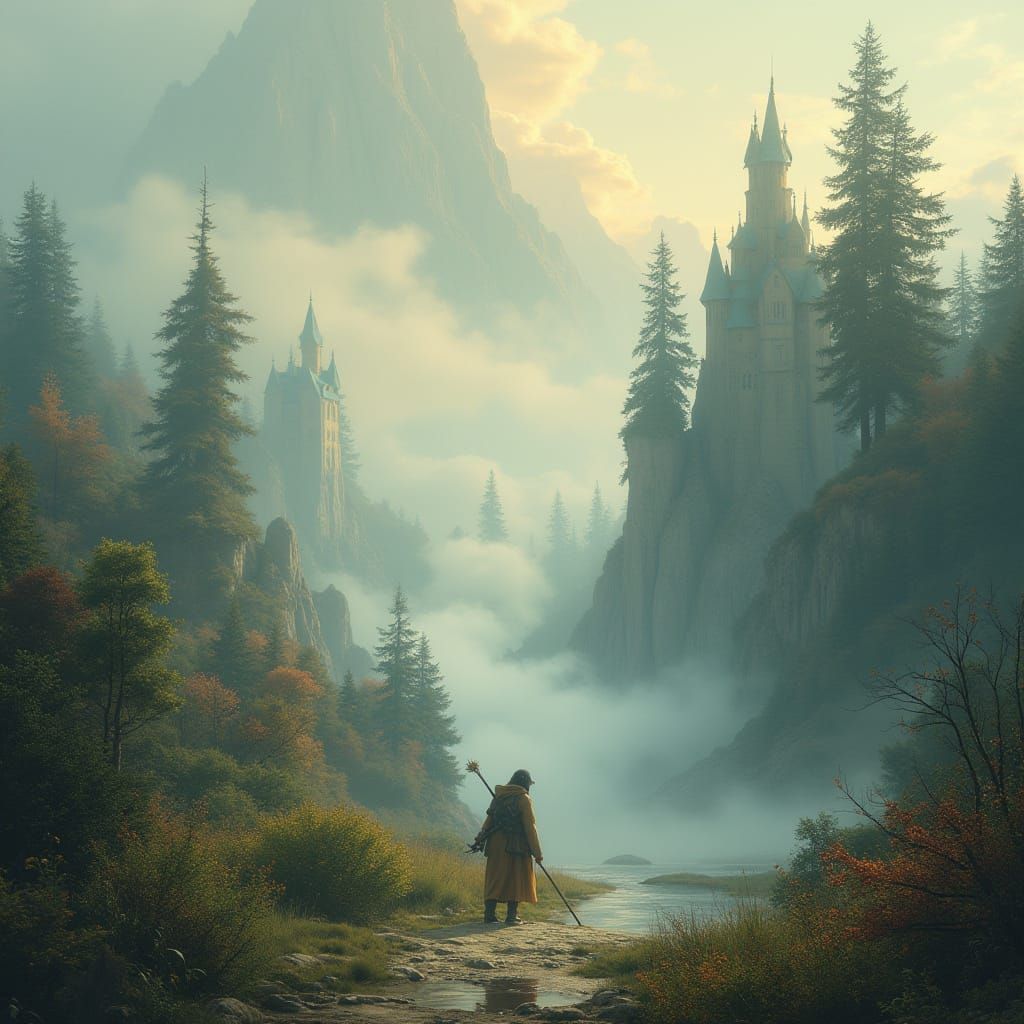 Ethereal Fantasy Landscape with Misty Vistas
