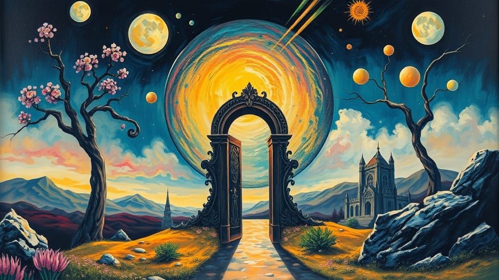 Surreal Portal in Dreamlike Impasto Landscape