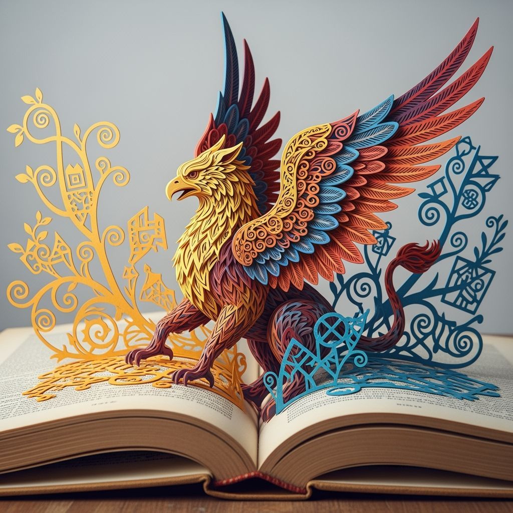 Intricate Papercut Griffin Emerges from Open Book