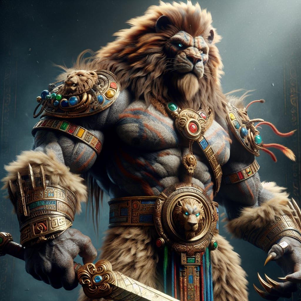 Lion Warrior in Mayan Armor with Plasma Sword