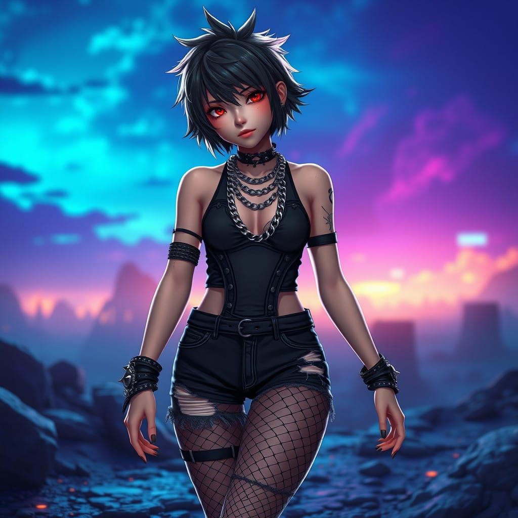 Emo Anime Girl in Dark Fantasy Attire