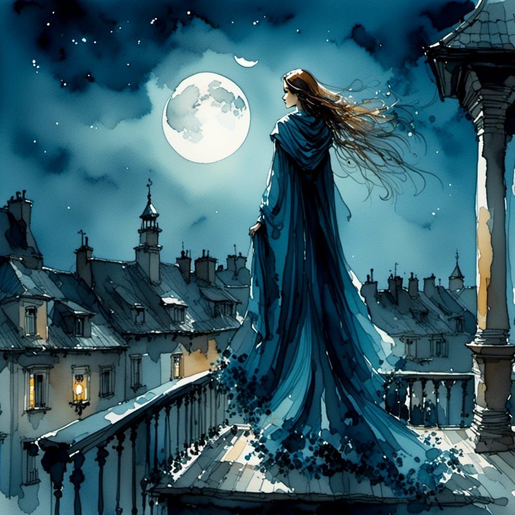 Caped Figure on Rooftop in Ink Drawing Style