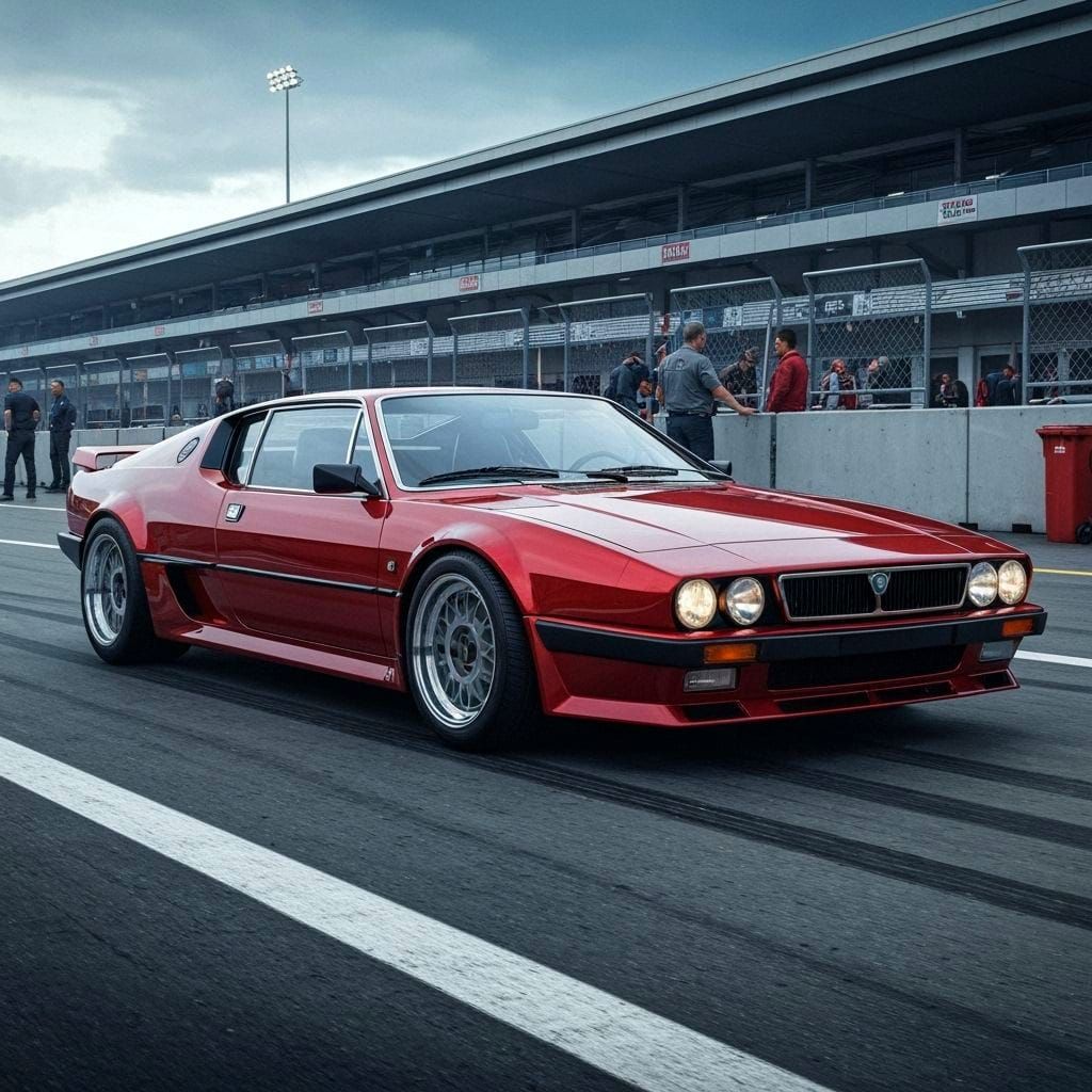 Glossy Wine Red Retro-Modern Sports Car in Paddock