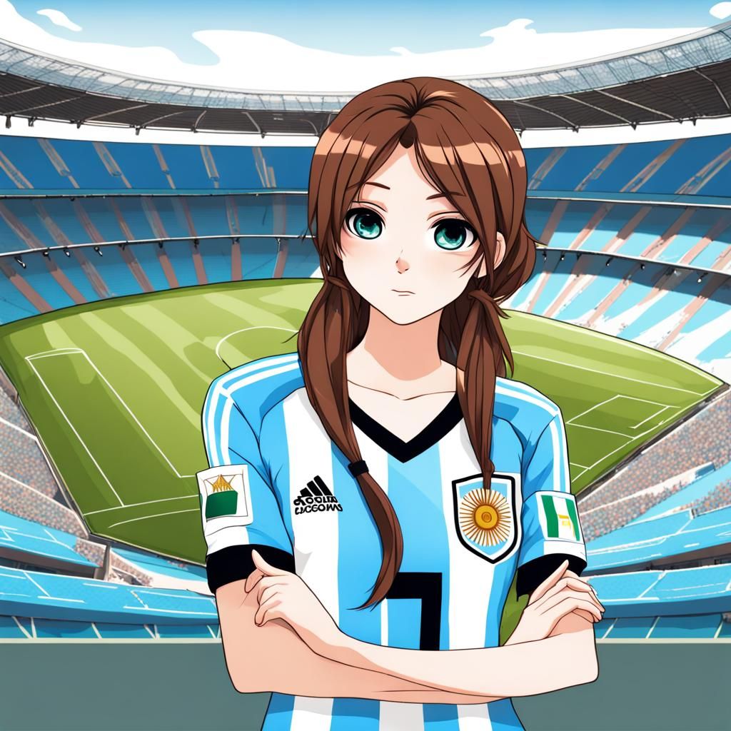 Anime Girl in Messi Jersey at Soccer Stadium
