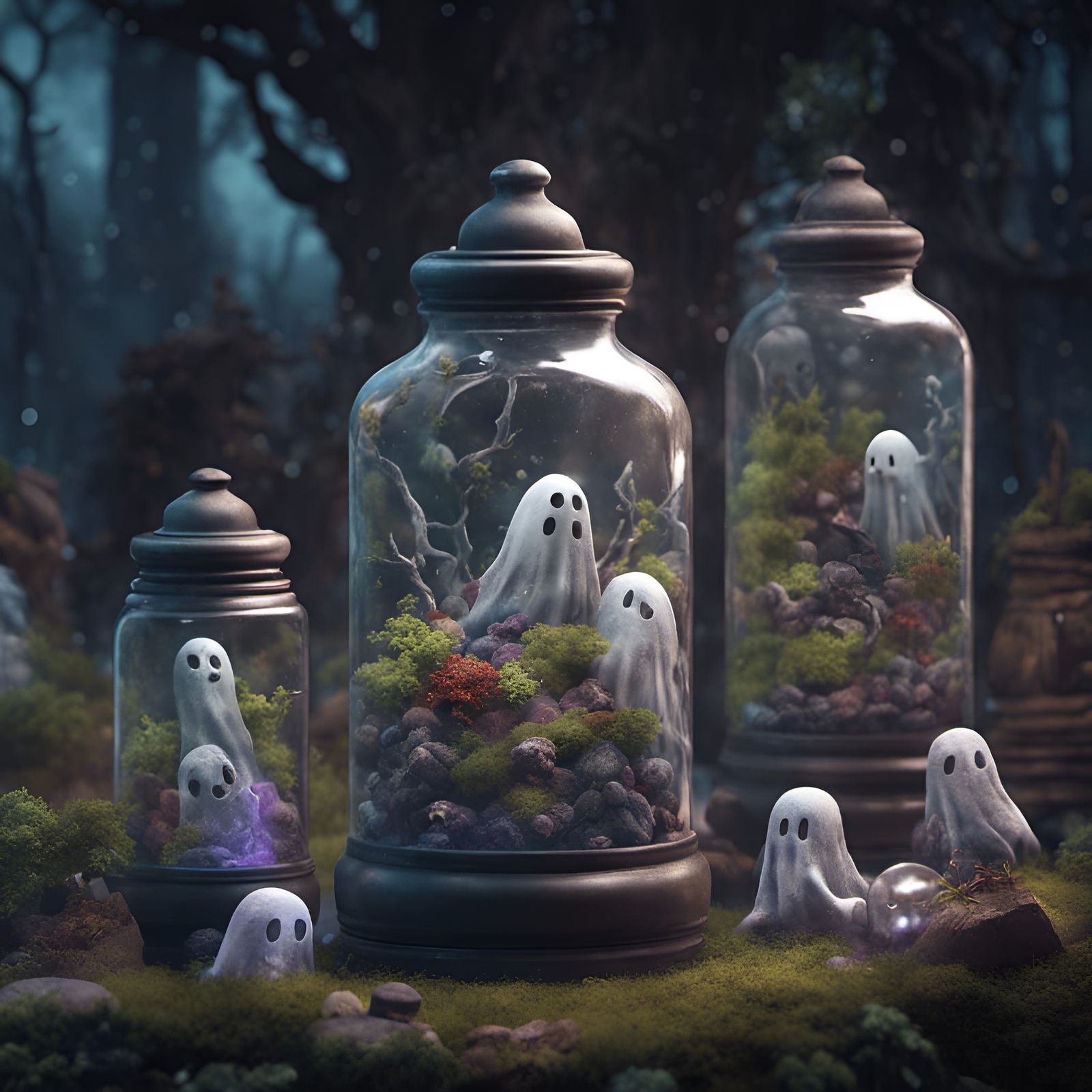 Cute Ghosts in Graveyard Terrarium, Digital Art