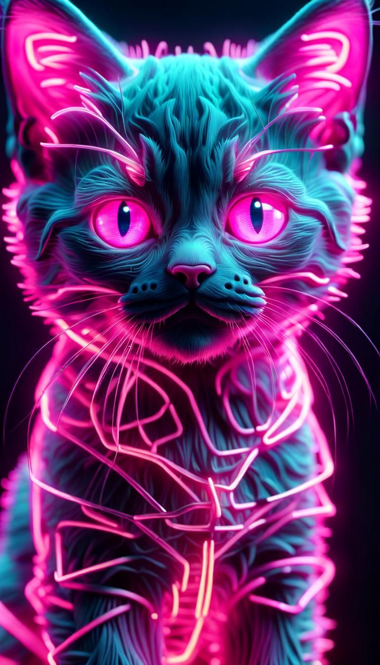 Very sad (glowing  pink neon wireframe) 3d kitten huge and d...
