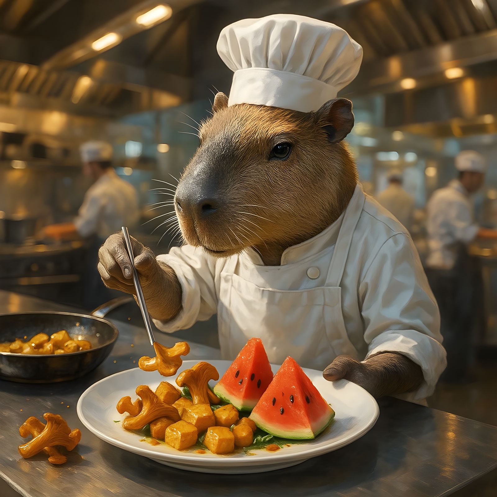 Capybara Chef Prepares Gourmet Meal in Hyperrealistic Style