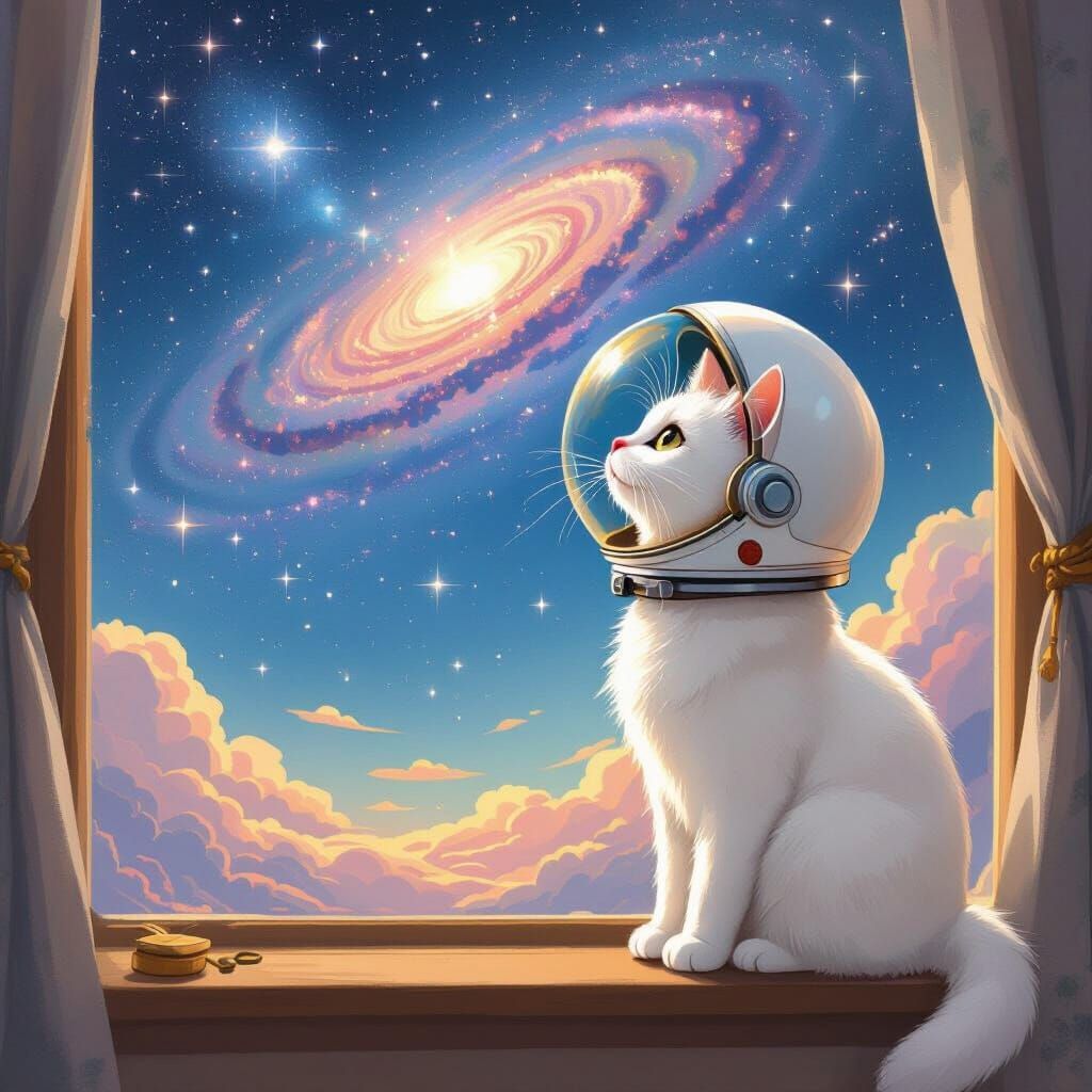 Astronaut Cat Gazing at Galaxy: Ghibli Style