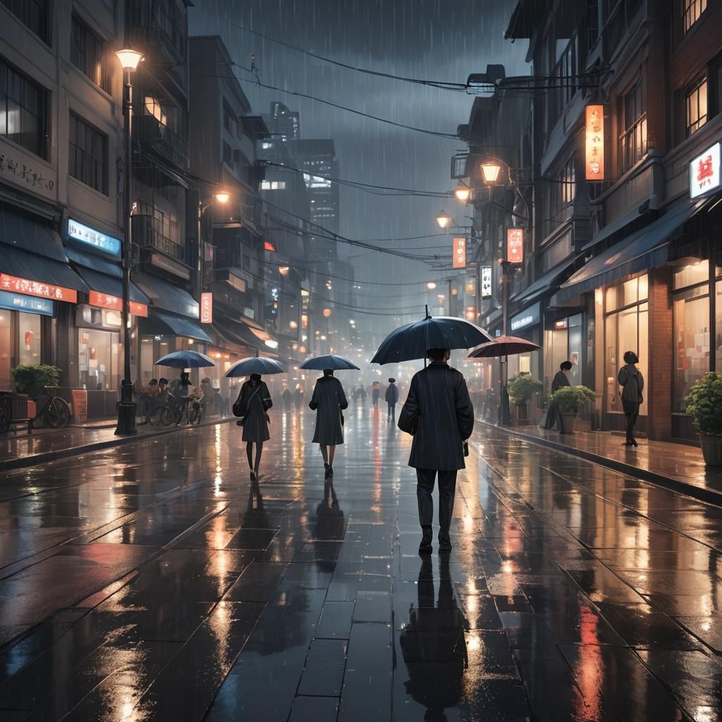 Rainy Night Cityscape in Anime Style