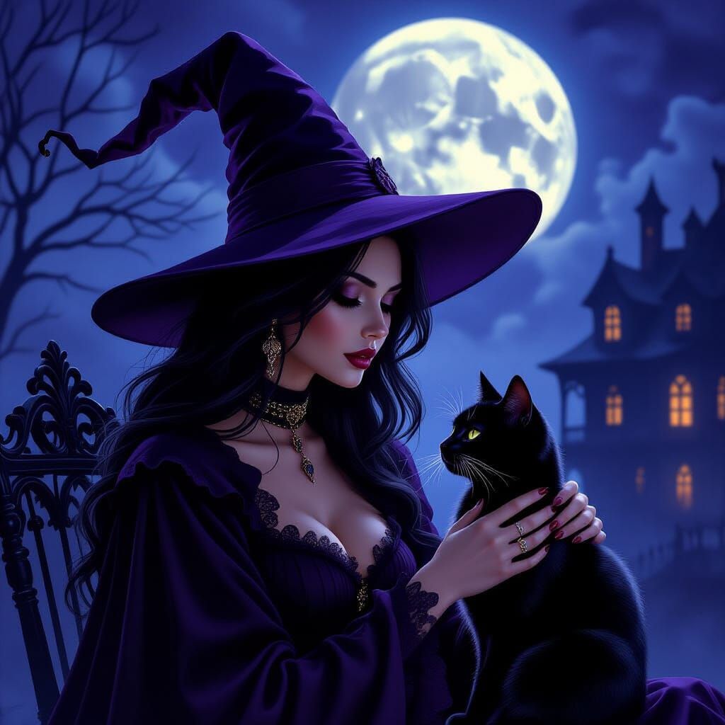 Mysterious Witch and Black Cat by Haunted House