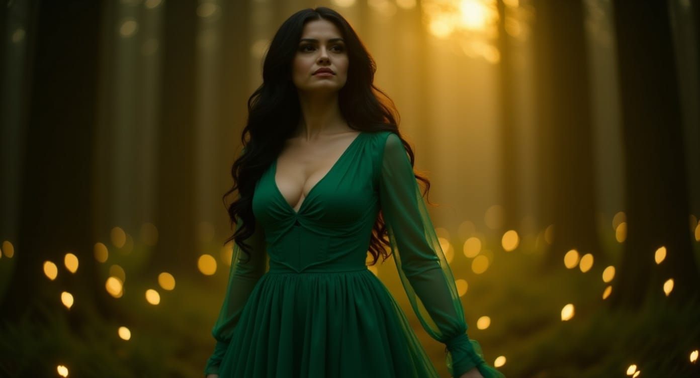 Emerald Gown in Mystical Forest, Hyperrealistic Illustration
