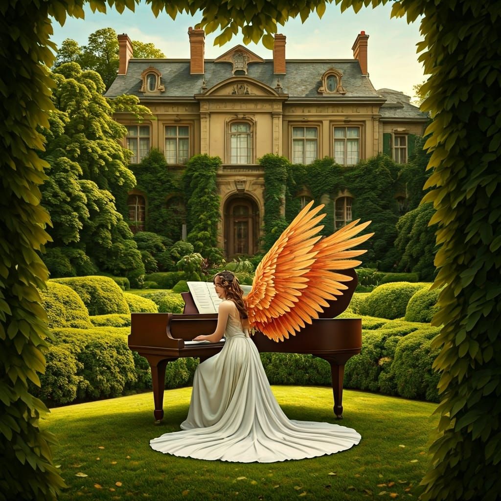 Woman with Wings Plays Piano in Garden