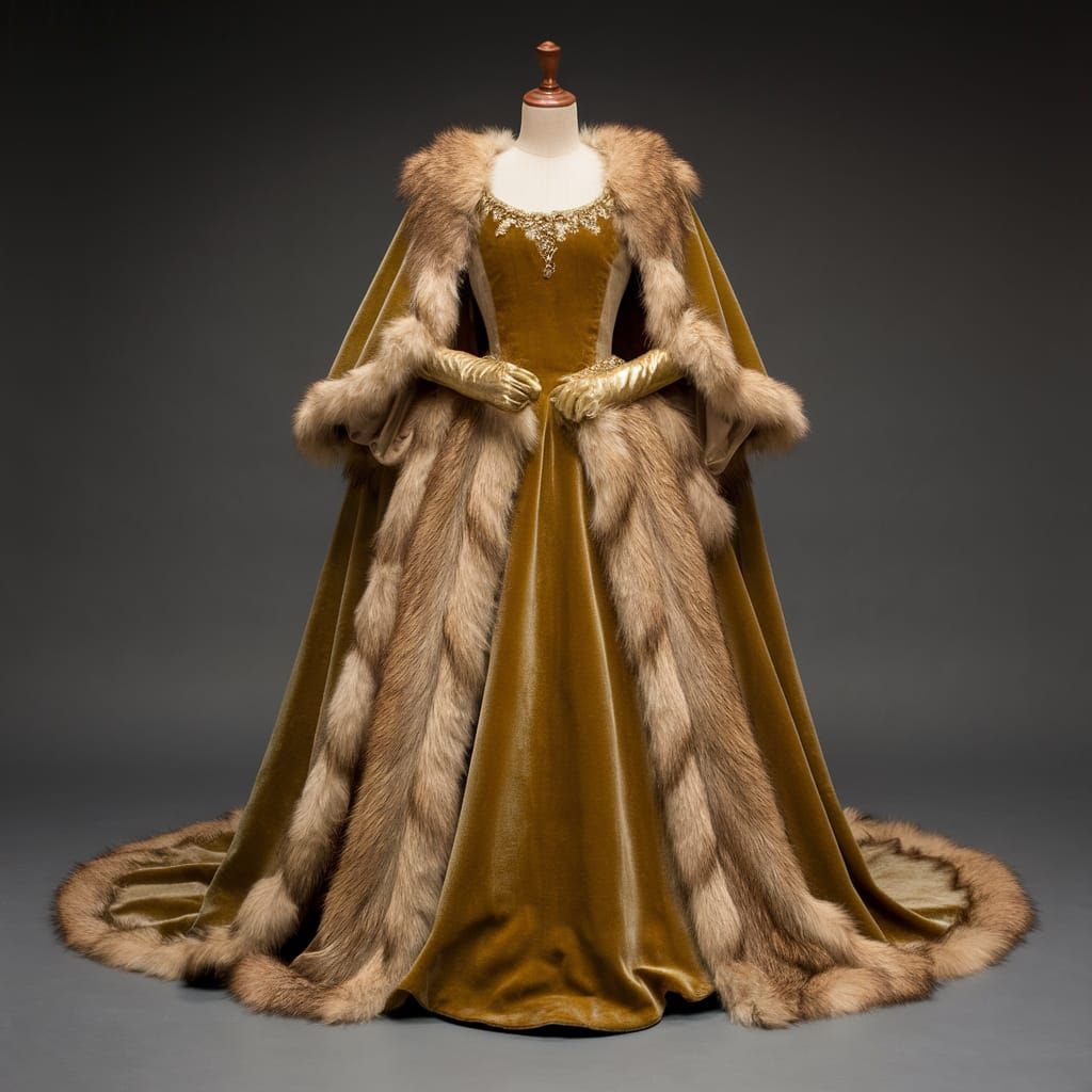 Golden Velvet Medieval Gown with Fur Trim