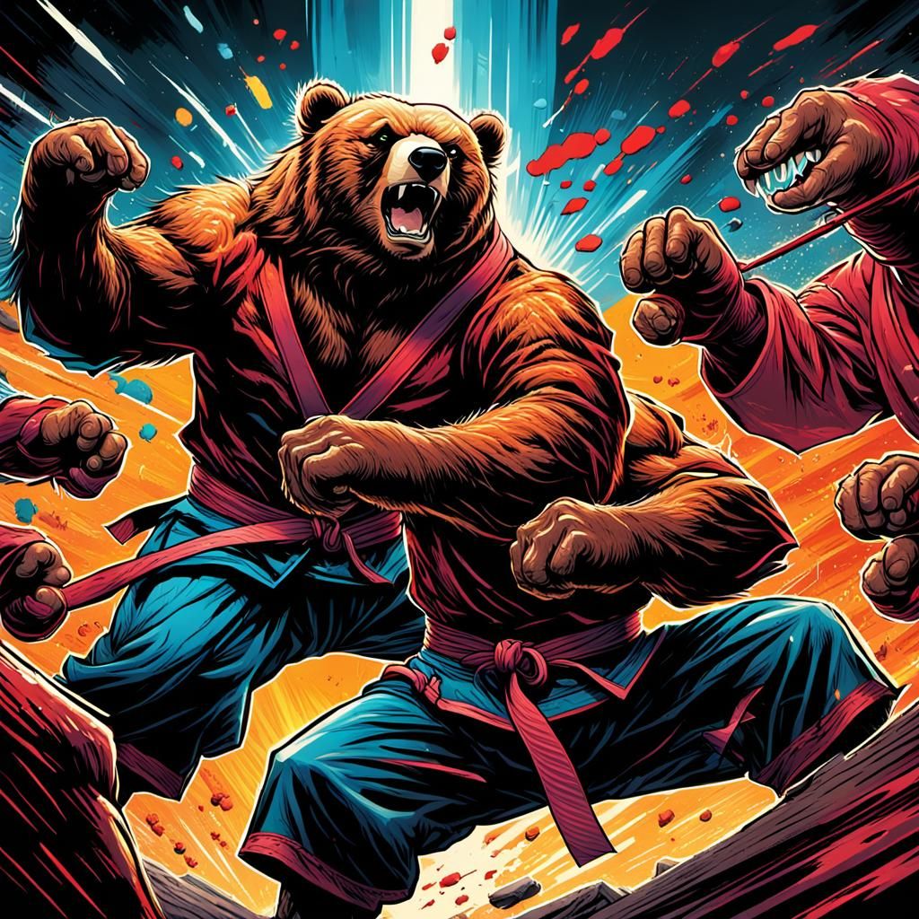 Karate Bear Battle in Comic Book Style