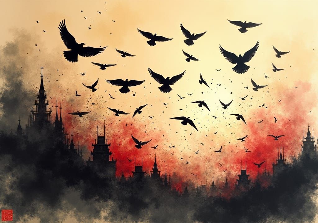 Crows in Flight Over Battlefield: Sumi-e Ink Painting