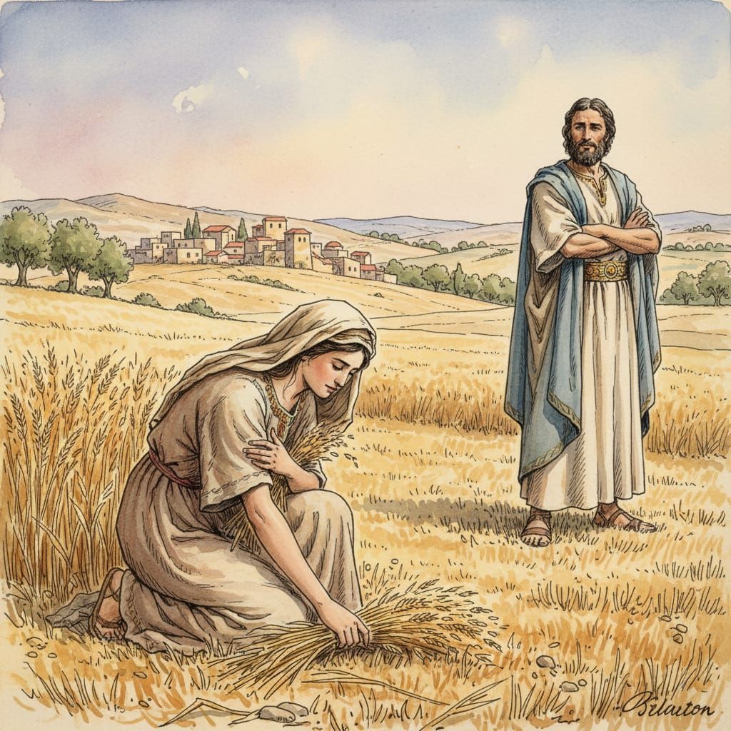 Biblical Scene: Ruth Gleaning in Field, Observed by Boaz