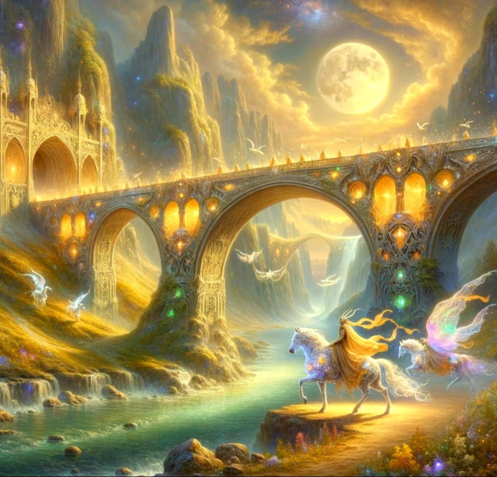 Ancient Bridge to Elven Realm in Golden Light