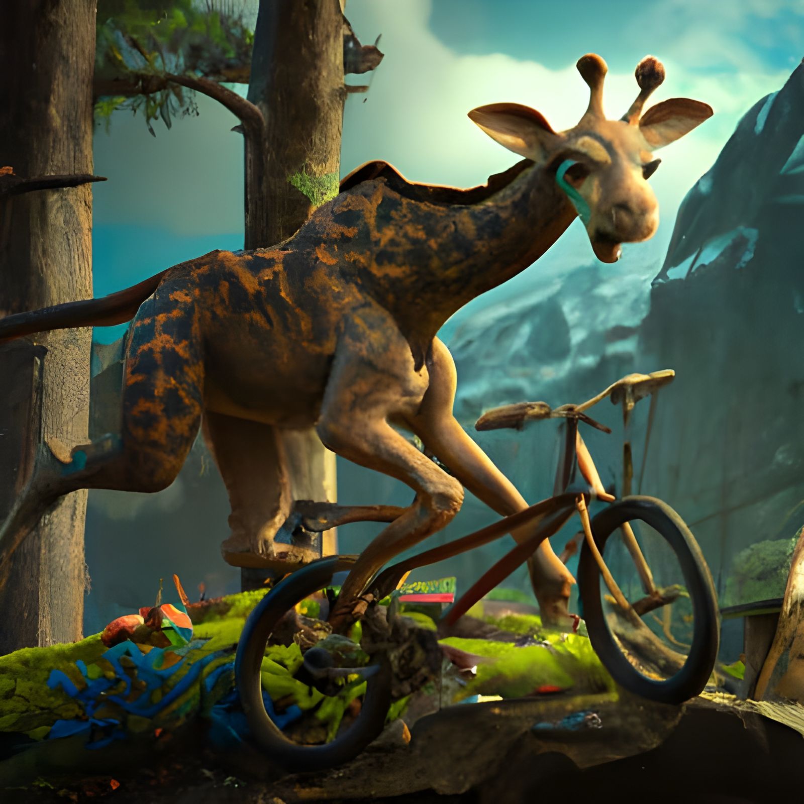 Giraffe Mouse mountain biking through the woods