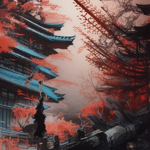 Samurai Rising Sun Ink Drawing in Carne Griffiths Style