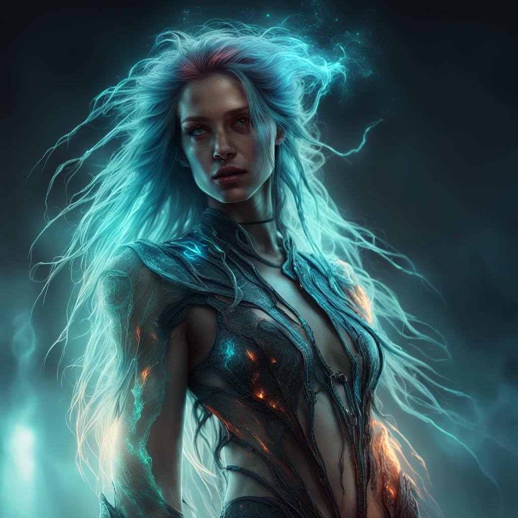 Fantasy Woman with Bioluminescent Outfit in Film Light