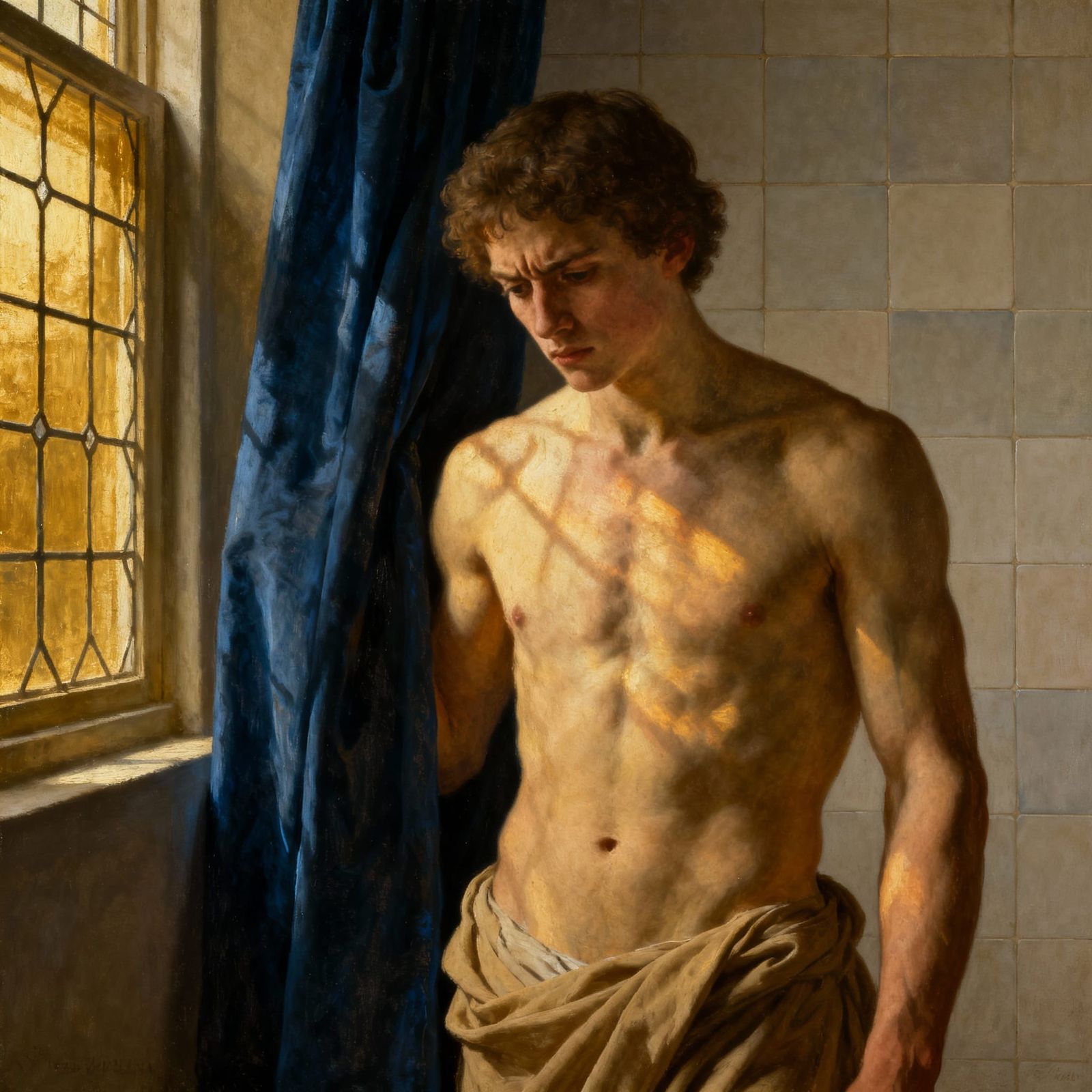 Muscular Man in Golden Light, Vermeer Style