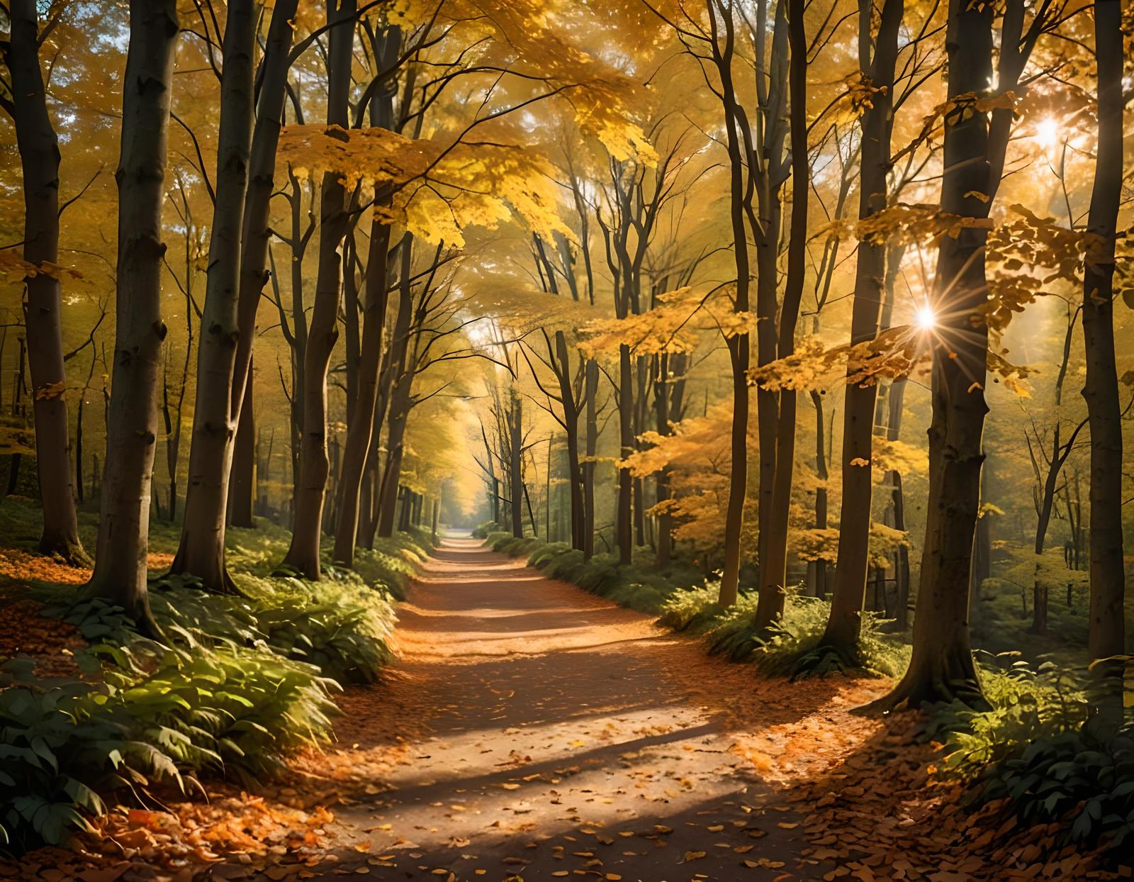 Sunlit Autumn Forest Path in Golden Light
