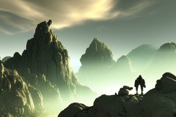 Aliens Await Spaceship on Rocky Mountain Top