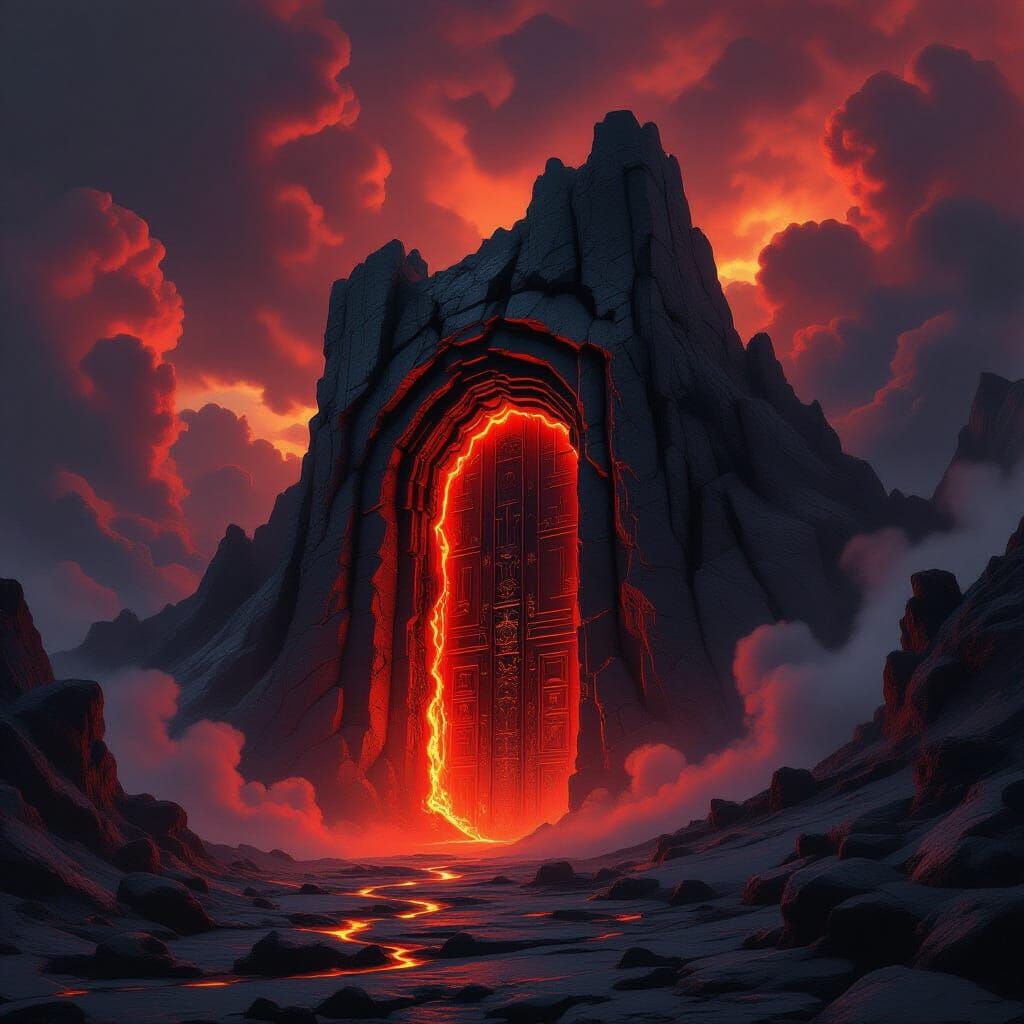 Infernal Obsidian Door in Volcanic Landscape