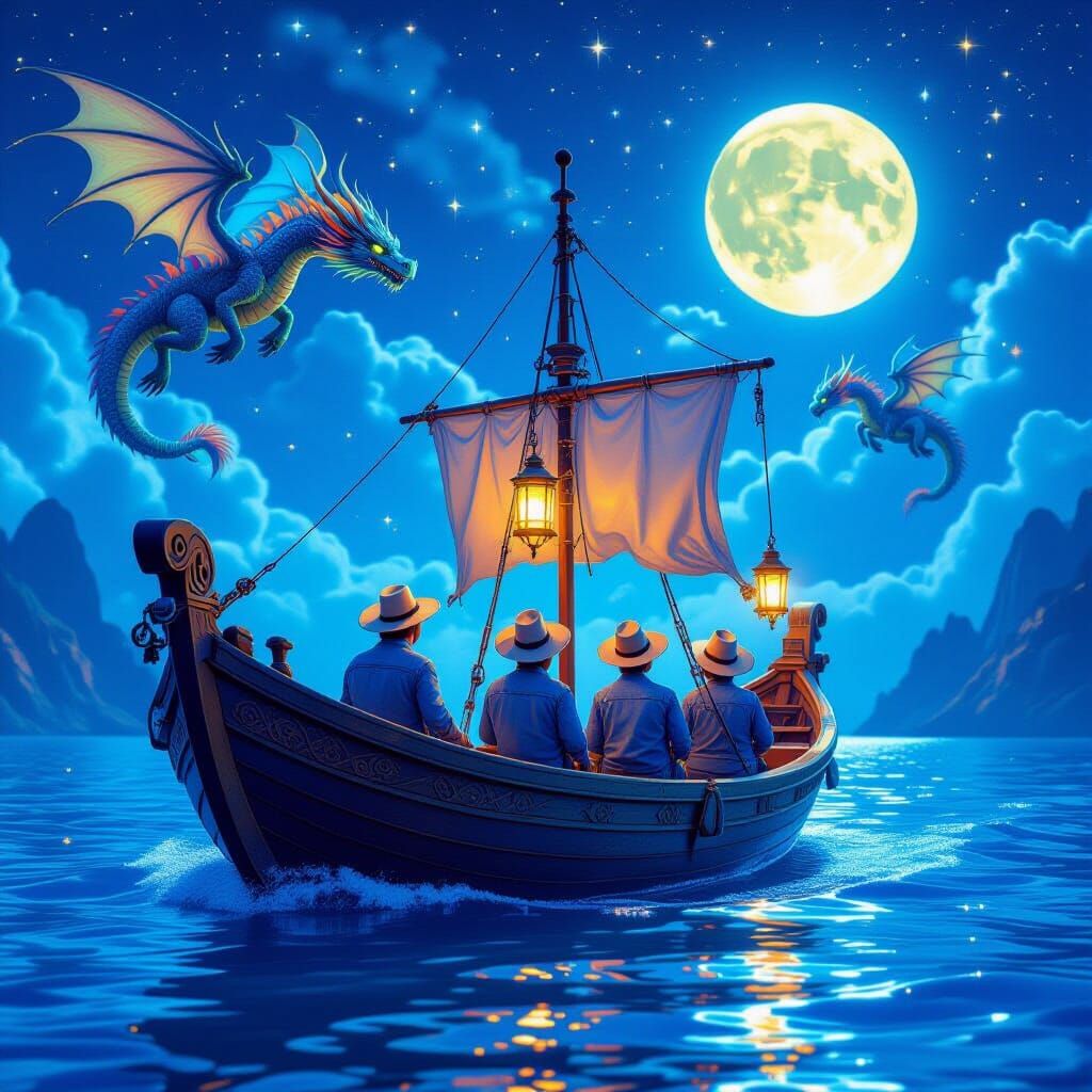 Sparkling Boat and Dragons in Electric Blue Universe