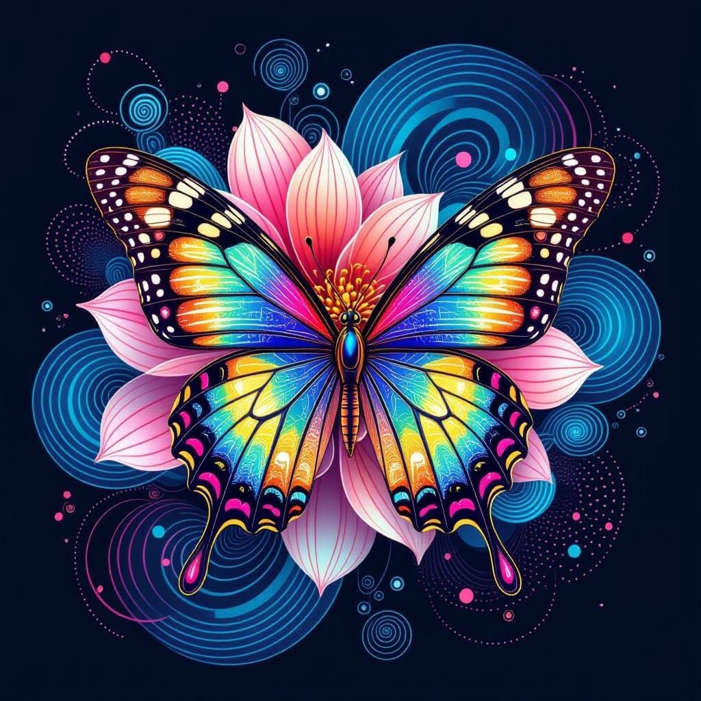 Iridescent Flower Butterfly with Abstract Fractals