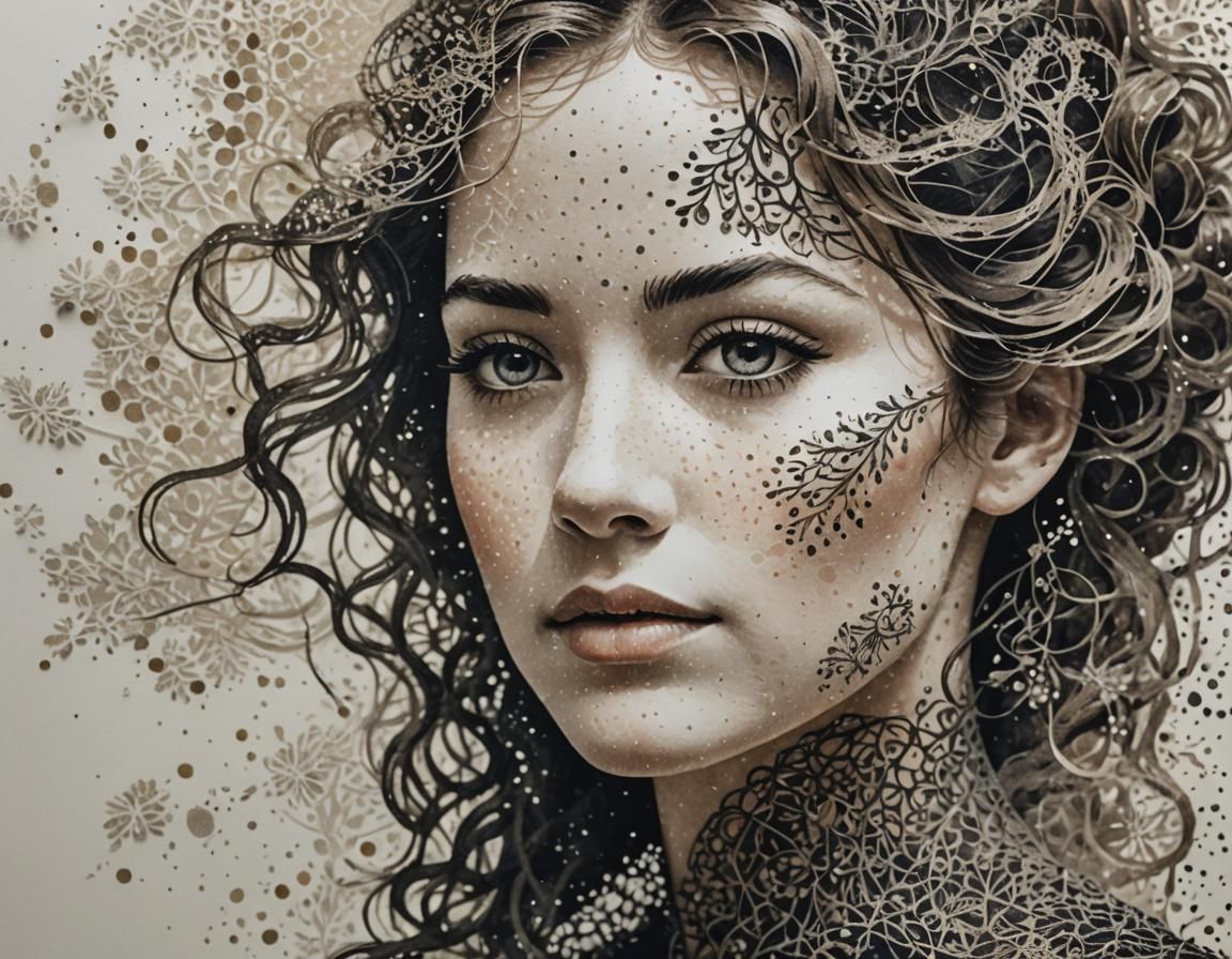 Pointillist Portrait of Woman in Paper Lichtenberg Figure