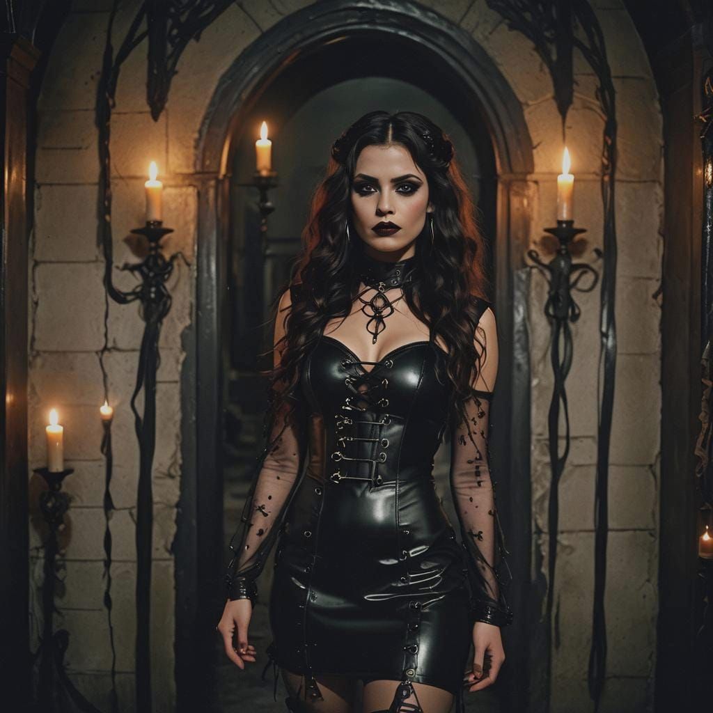 Gothic Latina Witch in Latex Dress