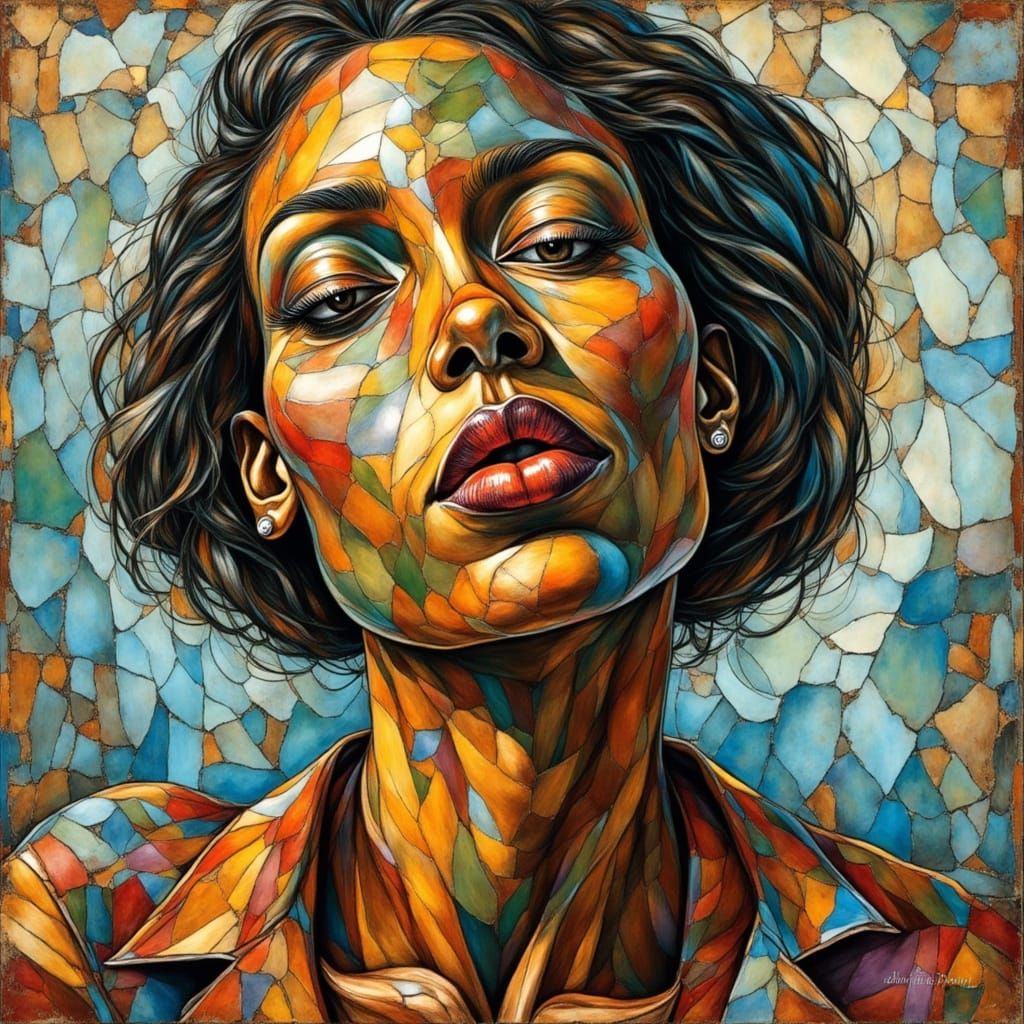 Mosaic Woman: An Expressionist Oil Painting with Impasto Tex...